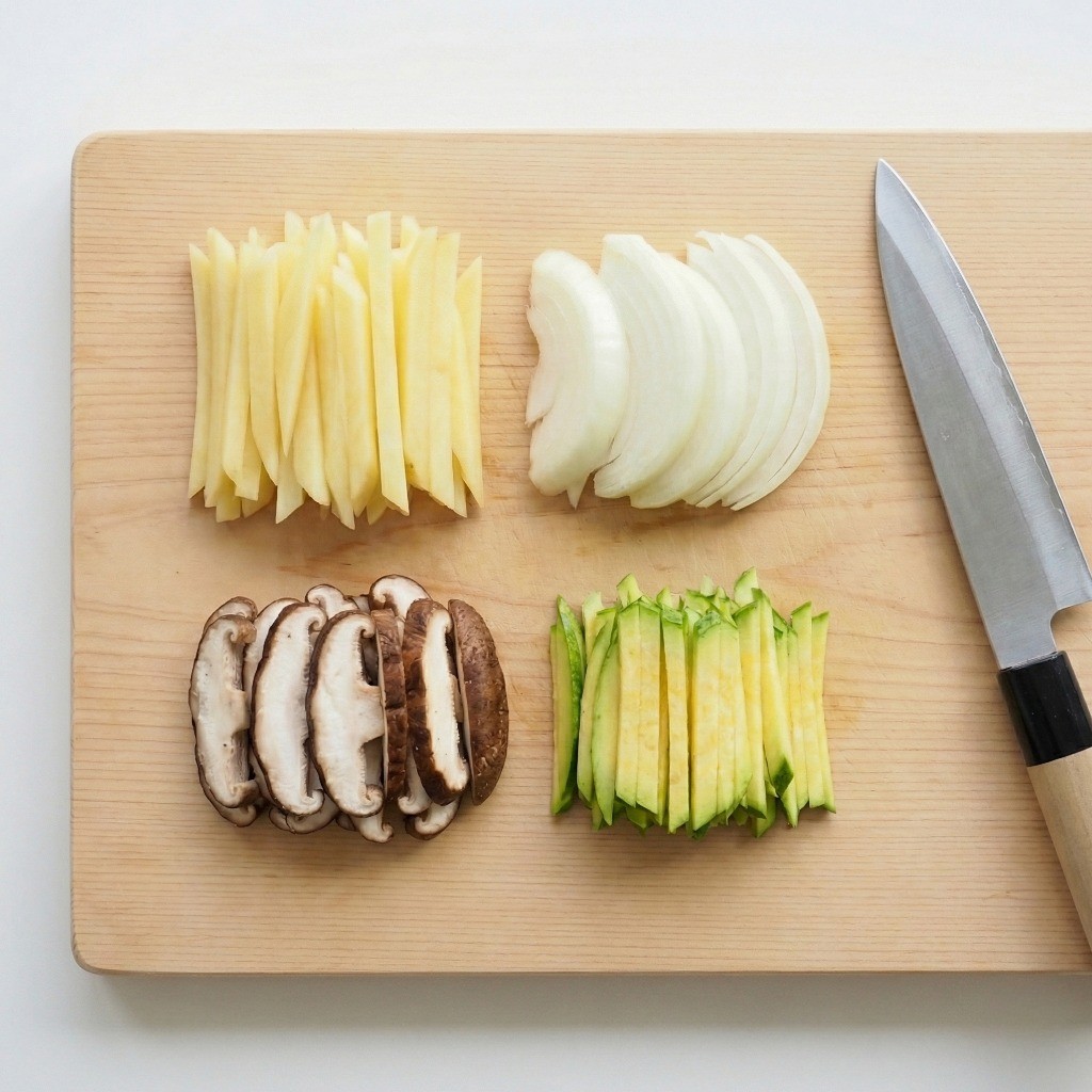 소고기 칼국수에 들어갈 감자, 양파, 표고버섯, 애호박, 대파, 청양고추를 채 썰어 손질한 사진