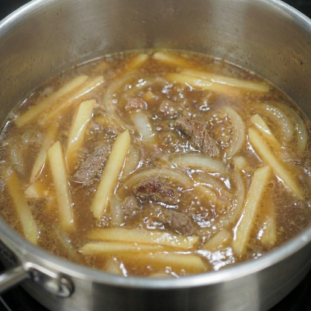소고기 볶은 냄비에 물을 붓고 감자와 양파, 표고버섯을 넣어 진한 칼국수 육수를 끓이는 모습