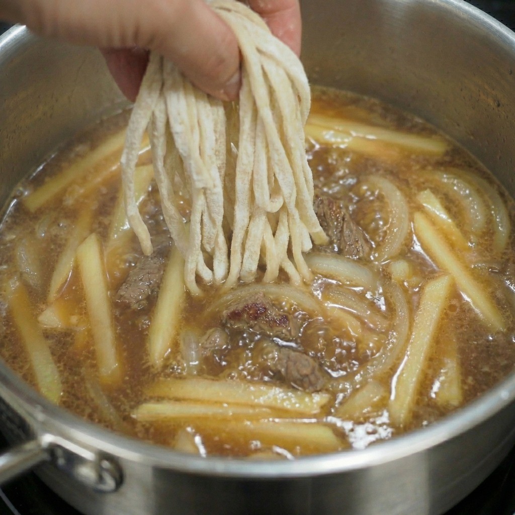 진하게 우러난 소고기 육수에 쫄깃한 칼국수 면 150g을 넣는 조리 사진