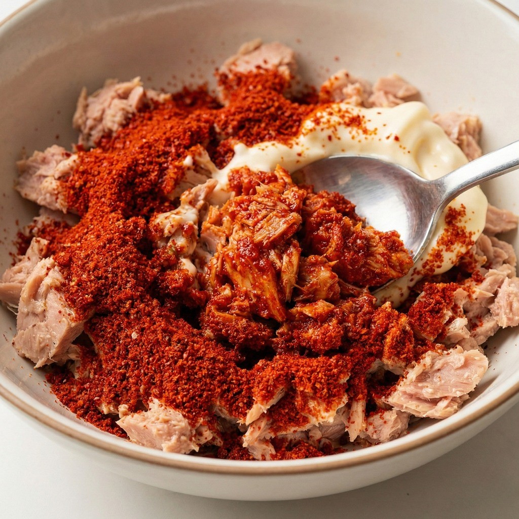 매콤한 스파이시 참치 캘리포니아 롤 속재료: 참치와 고춧가루 양념 믹싱