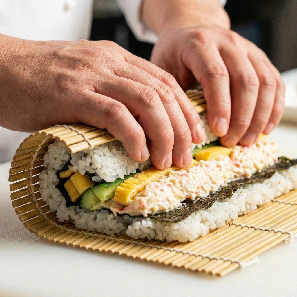 캘리포니아 롤 조리법 마지막 단계: 속재료를 넣고 김발로 단단하게 롤을 마는 모습