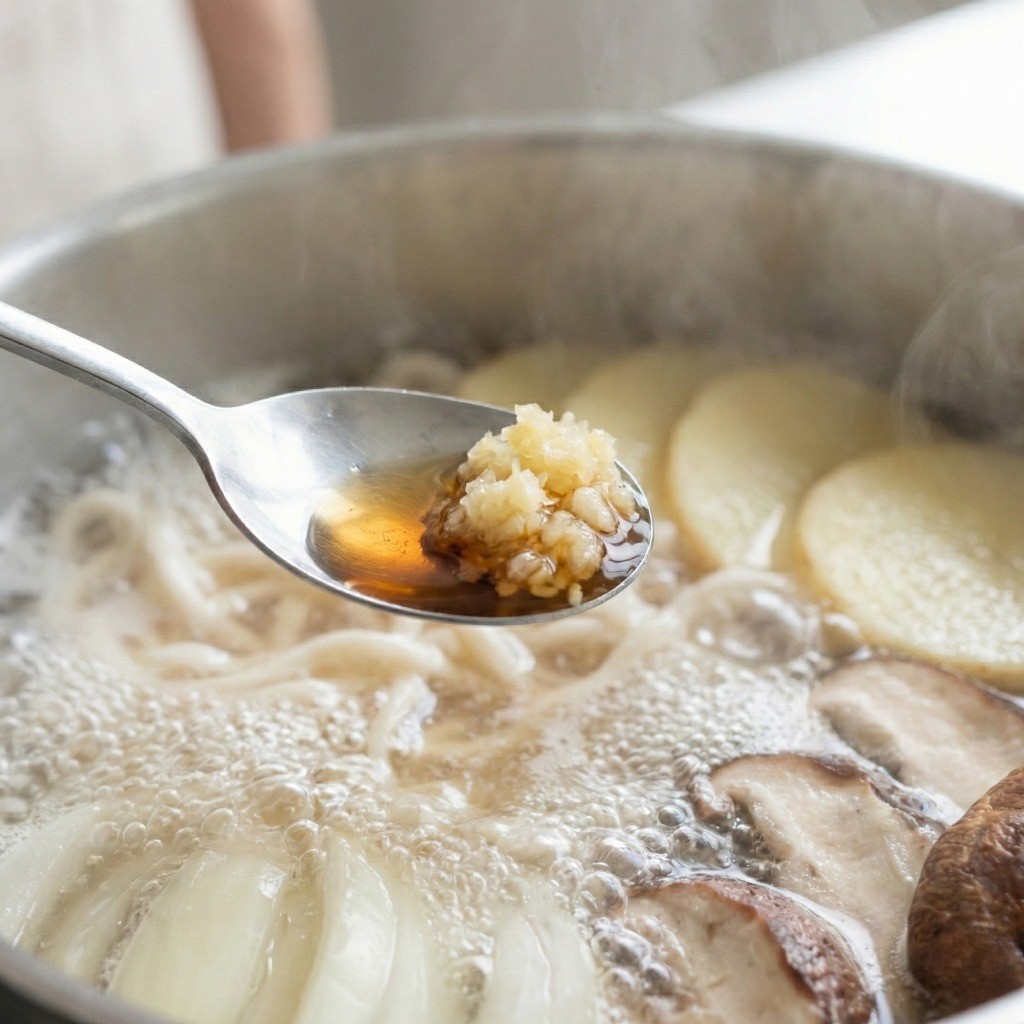 들깨칼국수 육수 간 맞추기 - 멸치액젓과 간 마늘 넣는 모습