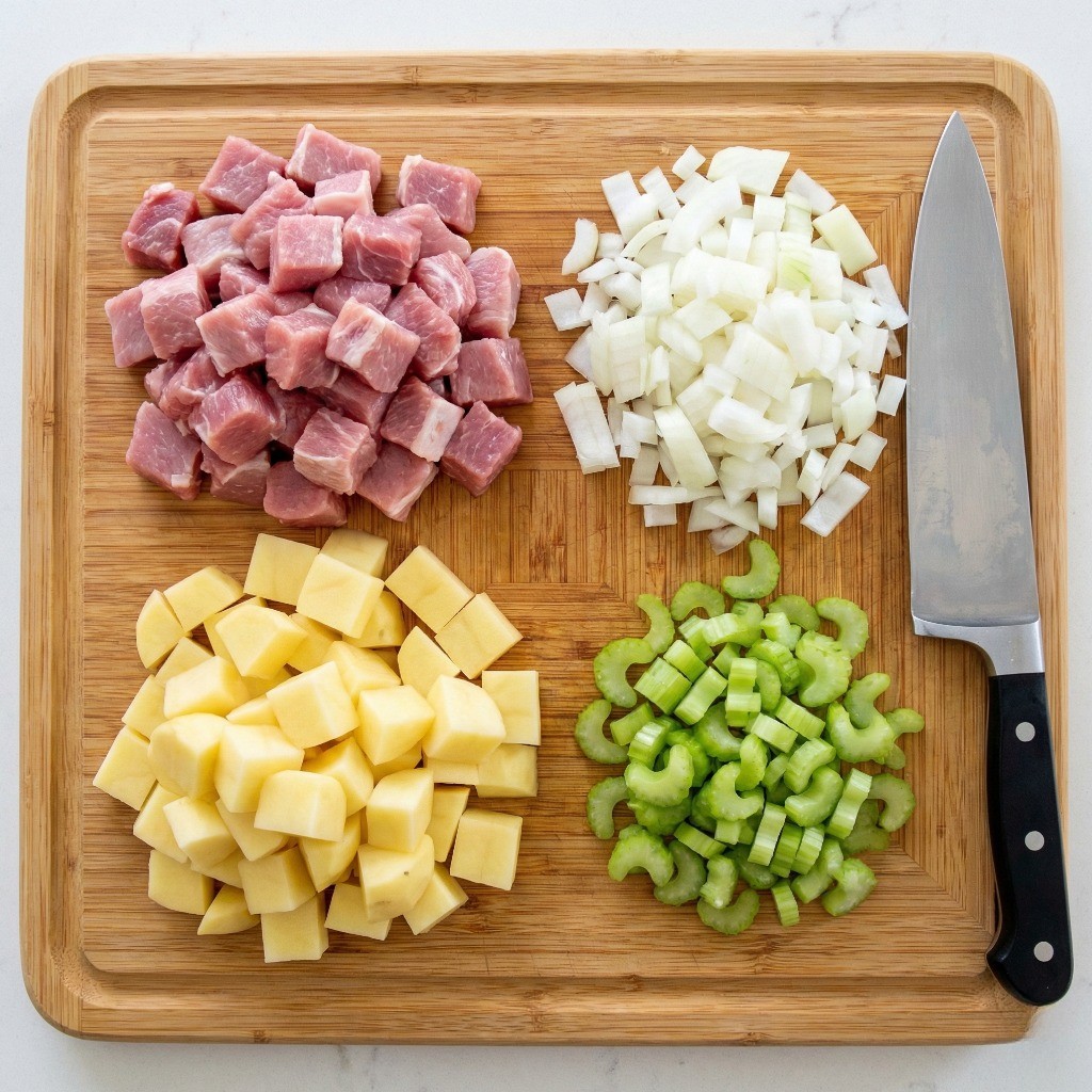 토마토 스튜 재료 손질 - 돼지고기, 양파, 감자, 셀러리 깍둑썰기