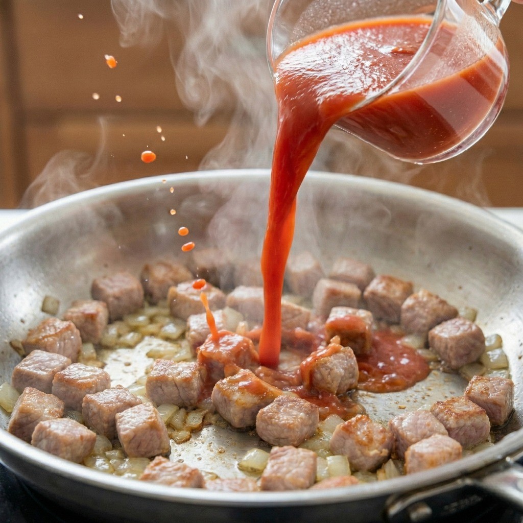 토마토 주스 요리 활용 - 볶은 재료에 주스와 물 붓기