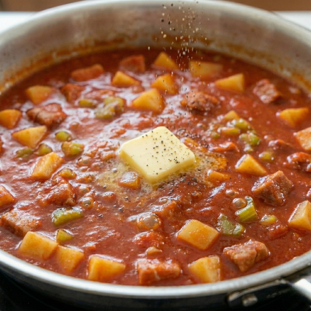 백종원 토마토 스튜 완성 - 버터와 후추로 풍미 더하기