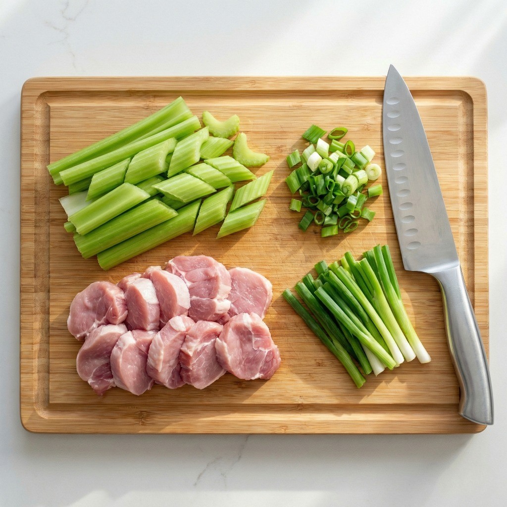 백종원 샐러리 볶음 재료 손질 - 샐러리, 돼지고기, 대파 썰기