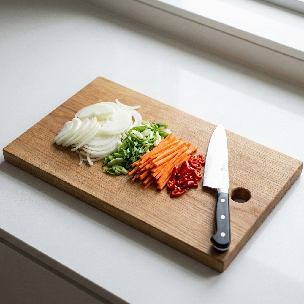 백종원 깻잎무침 재료 손질: 양파, 대파, 당근, 고추 채 썰기