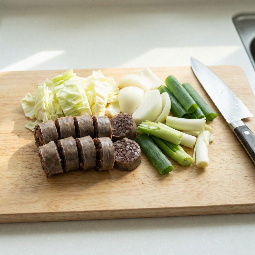 순대와 채소(양배추, 양파, 대파)를 먹기 좋은 크기로 손질하는 모습