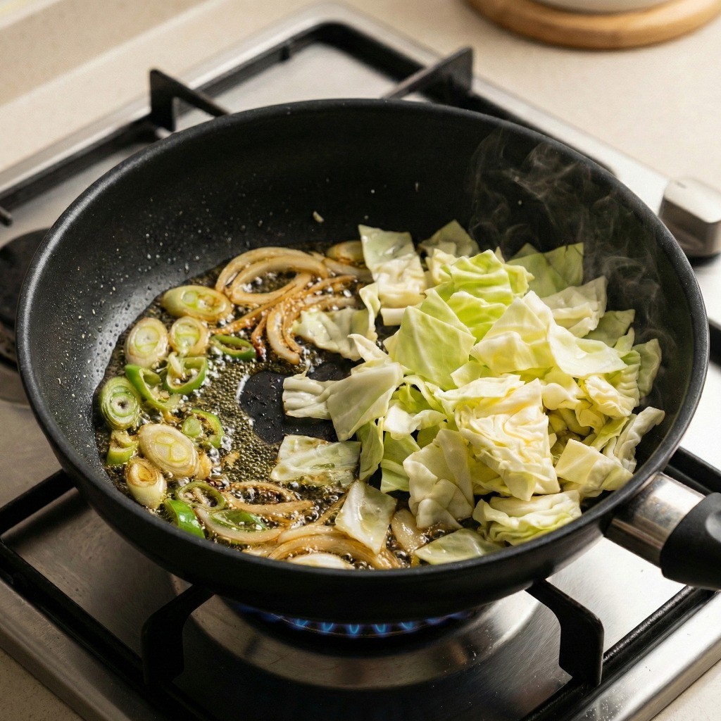 팬에 파기름을 내고 양배추와 양파를 볶아 풍미를 돋우는 모습