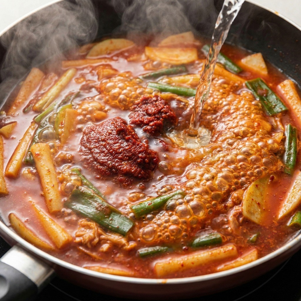 순대 터짐 방지를 위해 양념장과 물을 넣고 졸이듯 볶는 과정