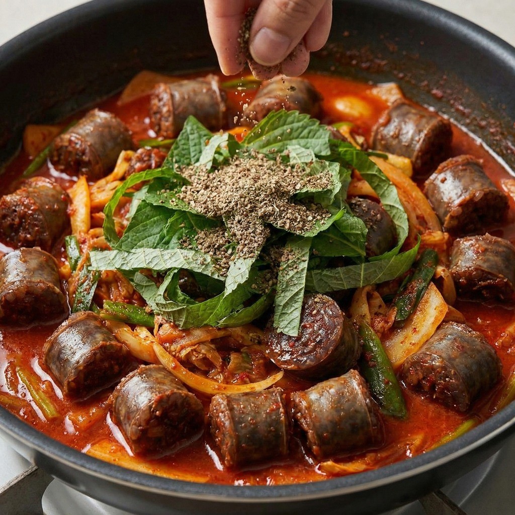 순대볶음 완성 단계: 깻잎과 고소한 들깨가루를 듬뿍 넣어 섞는 모습