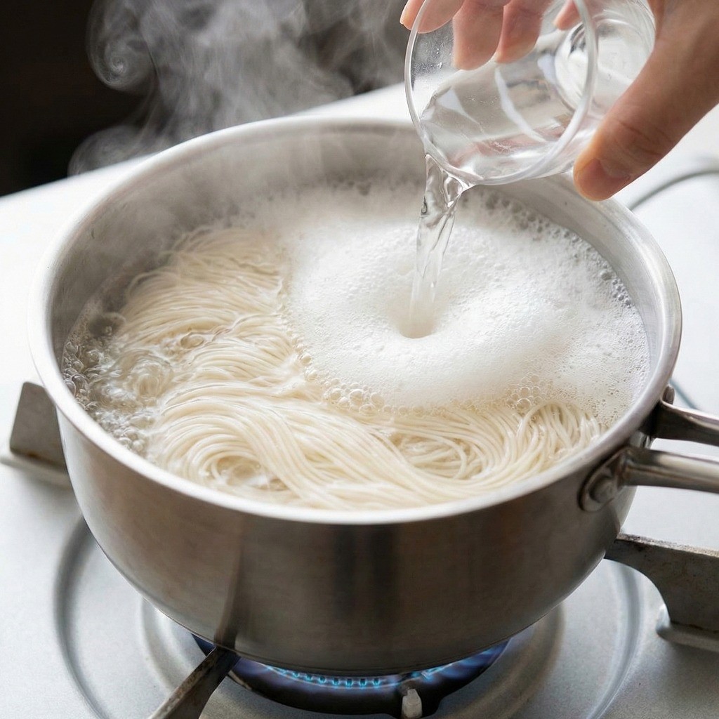 소면 쫄깃하게 삶는 법 - 끓는 물에 면을 넣고 찬물을 부어 탱글하게 익히기