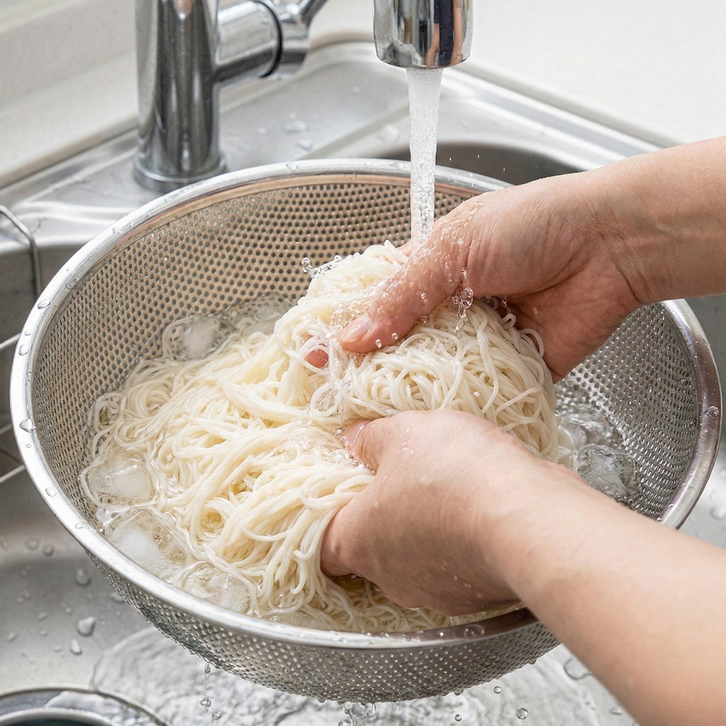 삶은 소면 찬물 헹구기 - 전분기를 제거하여 깔끔한 콩국수 면발 만들기