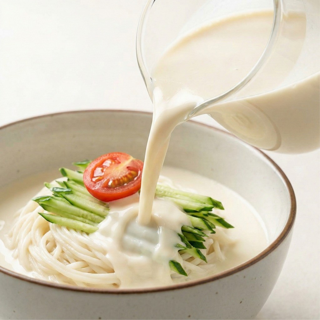 두부 콩국수 플레이팅 완성 - 얼음과 오이, 토마토 고명을 올린 시원한 여름 국수