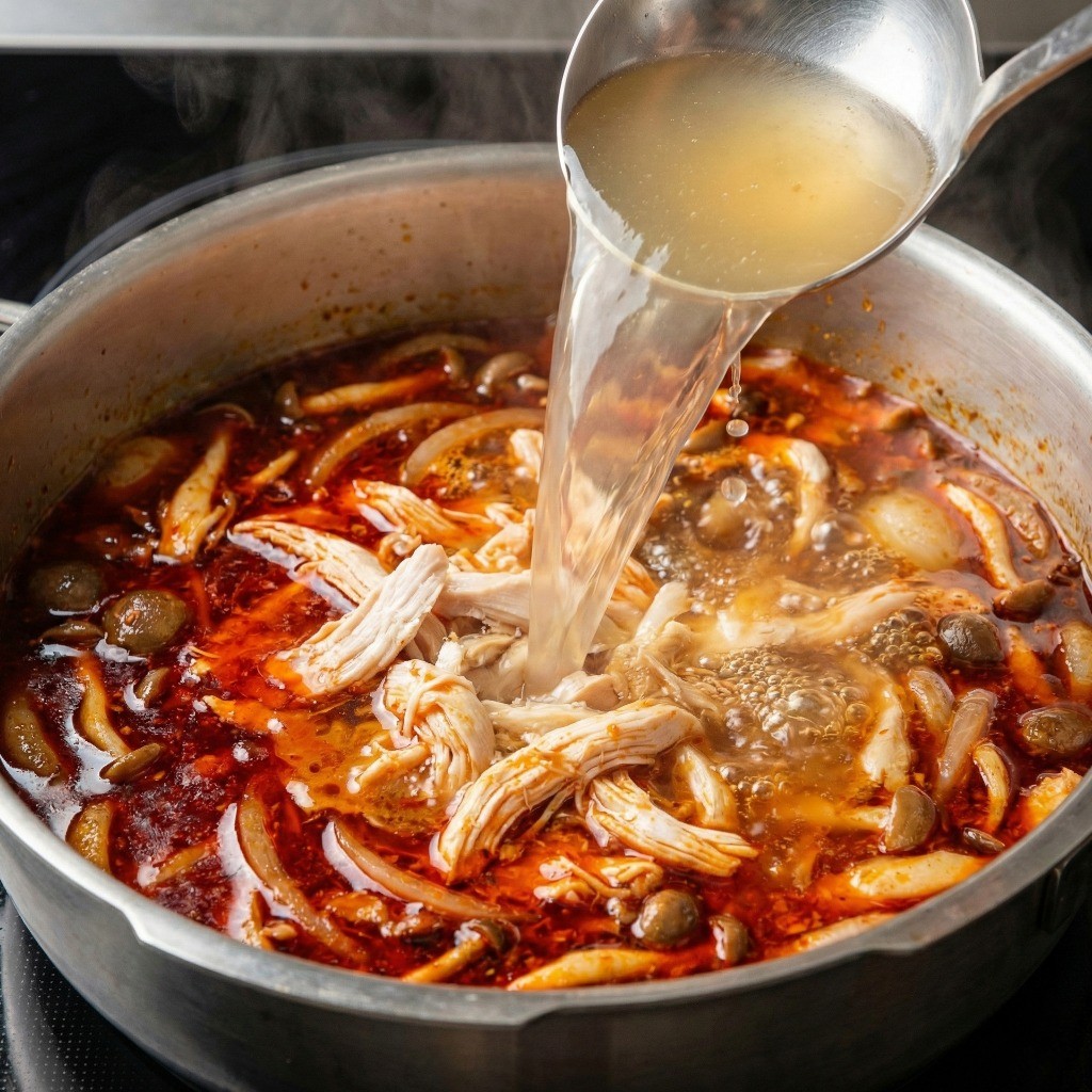 닭개장 끓이기 - 고추기름에 육수와 닭가슴살 넣기