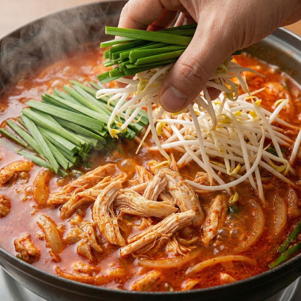 닭개장 완성 단계 - 숙주와 부추 넣고 마무리