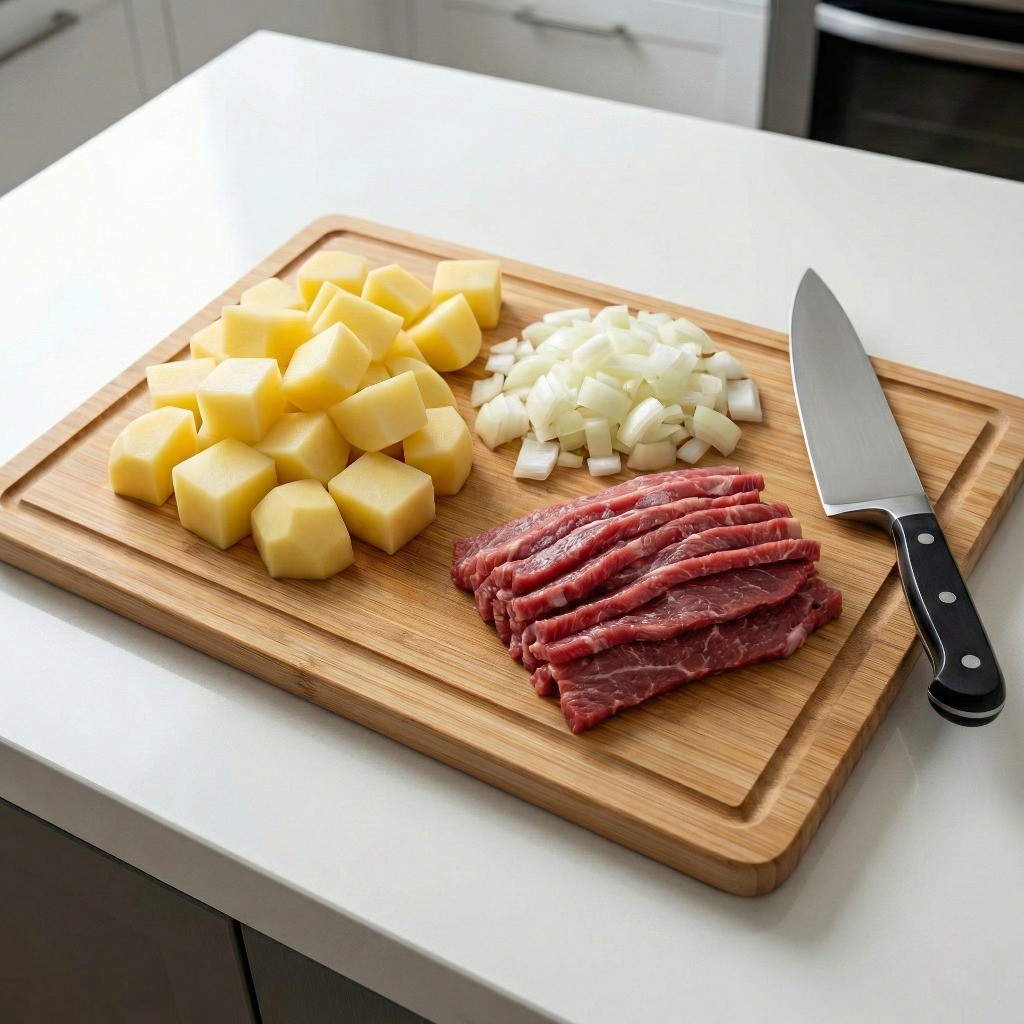 백종원 감자조림 재료 손질: 깍둑썰기한 감자와 양파