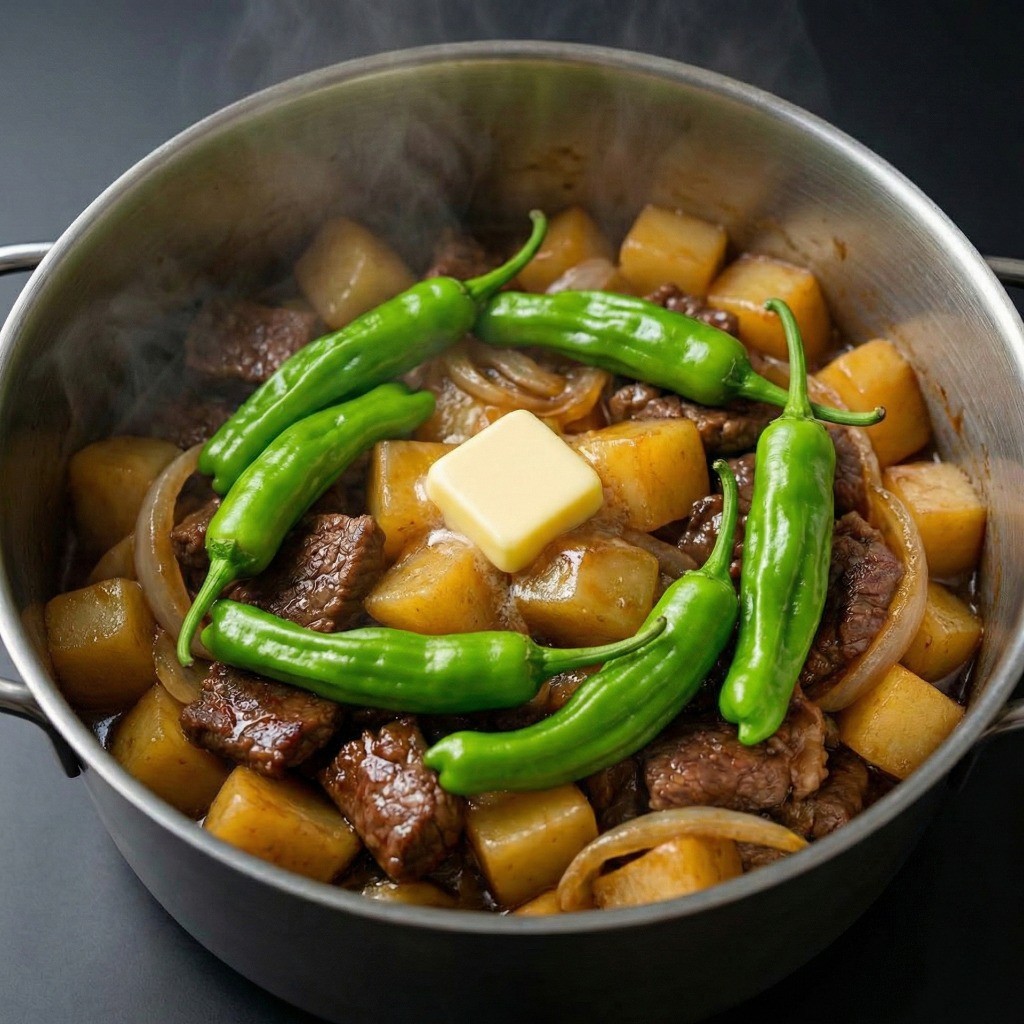 꽈리고추와 버터를 넣어 풍미를 더한 백종원 고기 감자조림 완성 직전