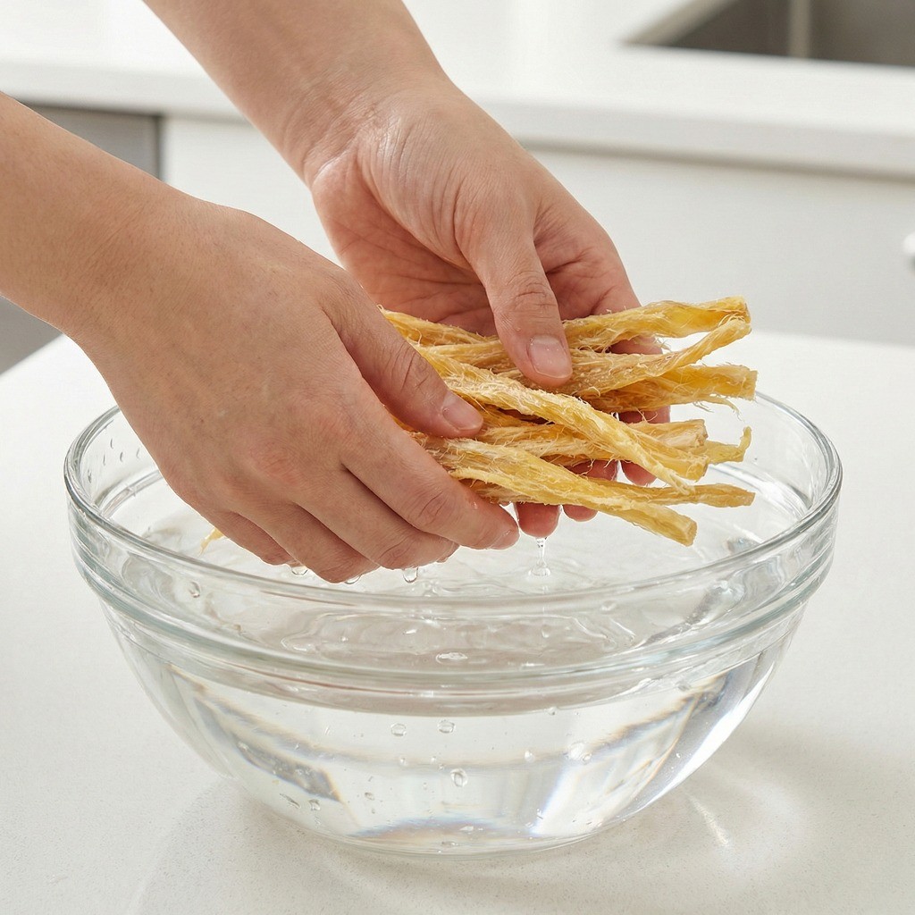 백종원 북엇국 레시피 재료 손질: 물에 3초간 적신 후 먹기 좋게 자른 북어포