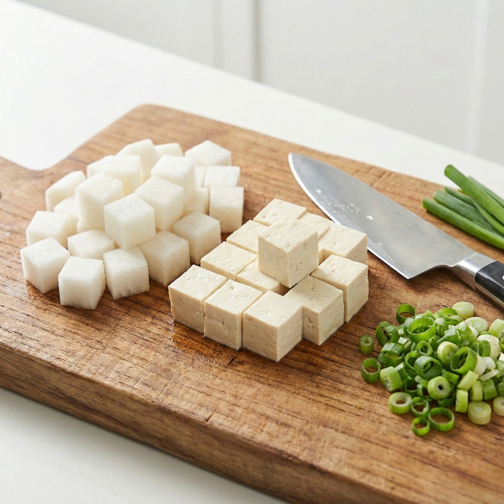 북어국 재료 준비: 깍둑썰기한 무와 두부, 송송 썬 대파