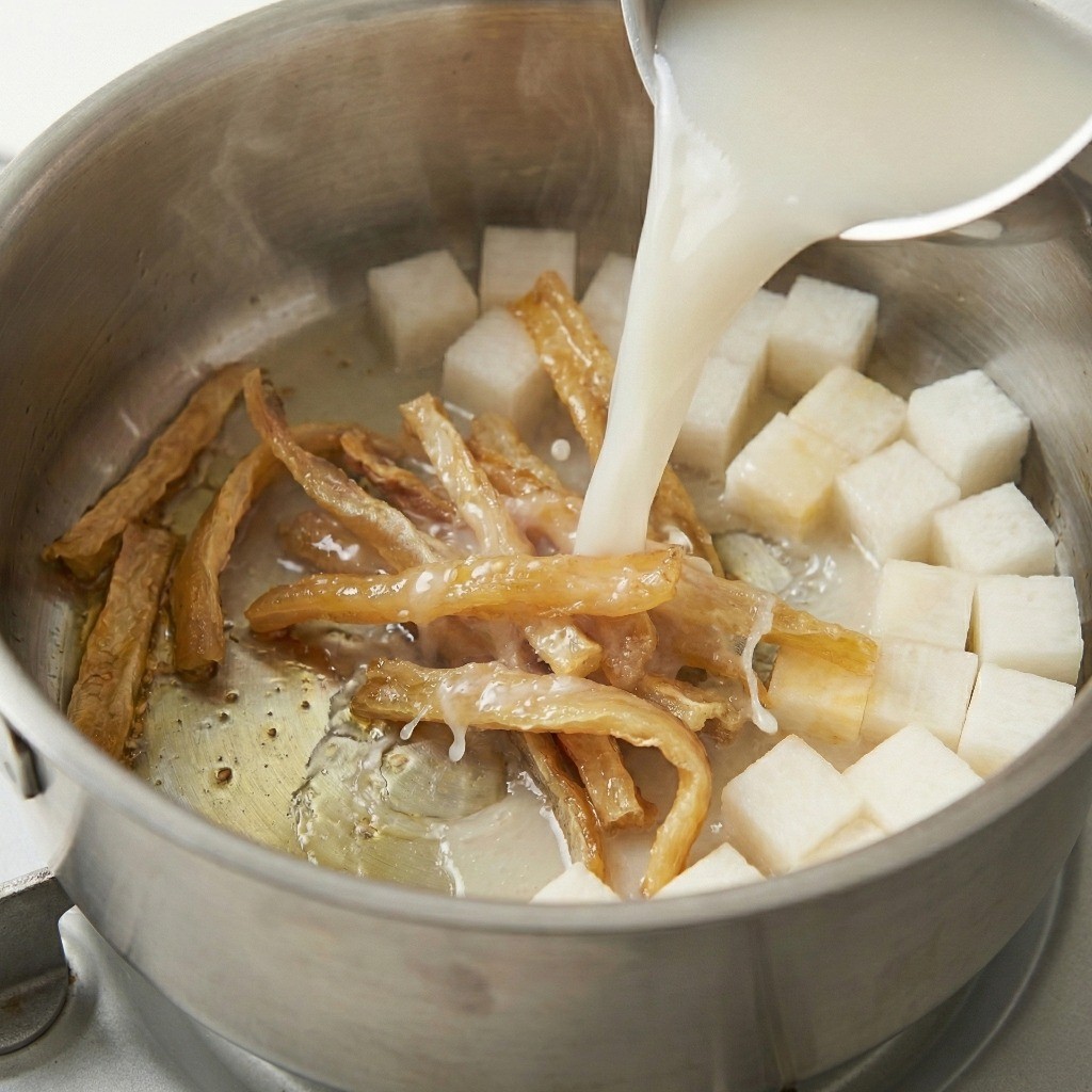 사골 육수를 붓고 무와 함께 푹 끓여 깊은 맛을 내는 북엇국 조리 과정