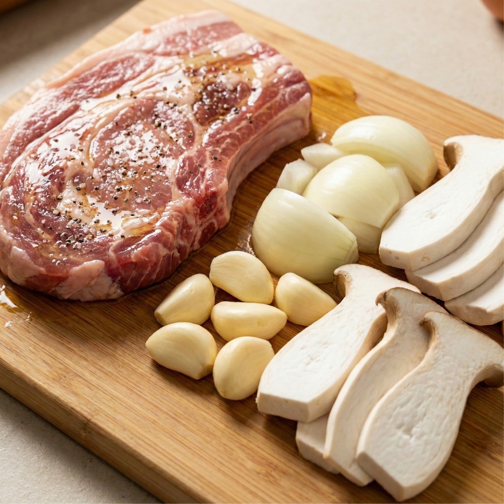 부드러운 식감을 위한 돼지고기 식용유 오일 코팅 및 가니쉬 채소 준비