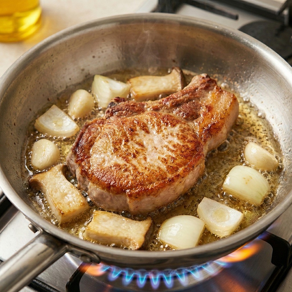 프라이팬 강불에서 마늘 양파와 함께 튀기듯 굽는 뒷다리살 스테이크 조리 과정
