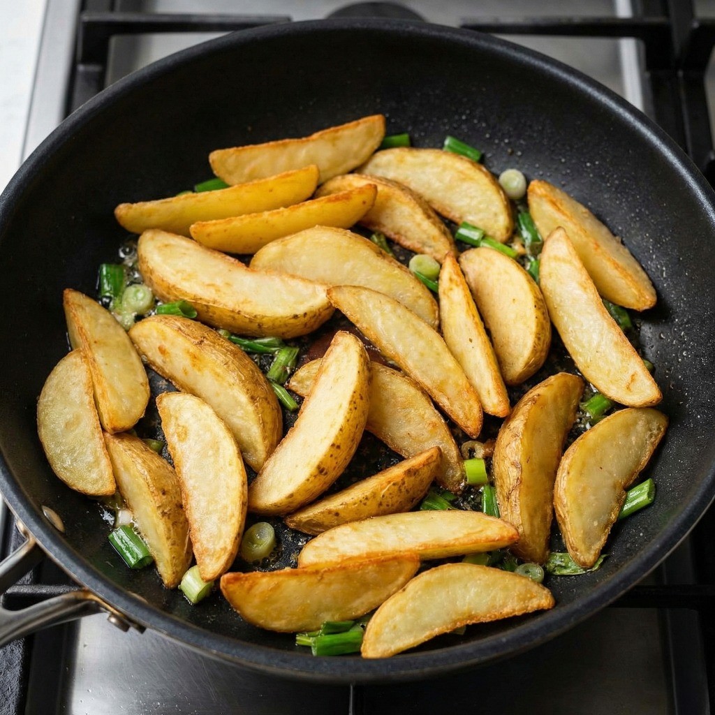 냉동 감자 요리 과정 - 파 기름에 감자를 노릇하고 바삭하게 볶기