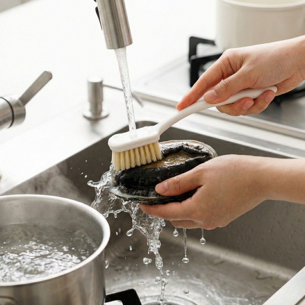 솔로 깨끗이 씻은 전복을 끓는 물에 데쳐 껍질을 분리하는 전복 손질 과정