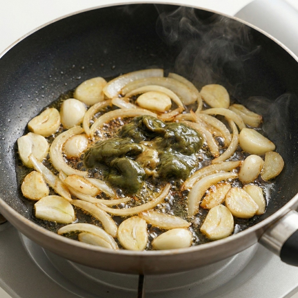 프라이팬에 식용유를 두르고 마늘 양파와 함께 전복 내장을 노릇하게 볶는 모습