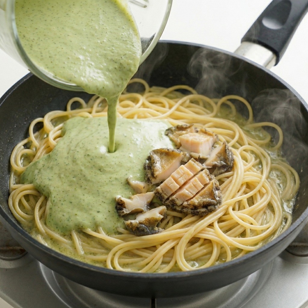 삶은 파스타 면을 팬에 볶다가 전복 내장 크림 소스와 전복 살을 넣고 졸이는 조리 과정