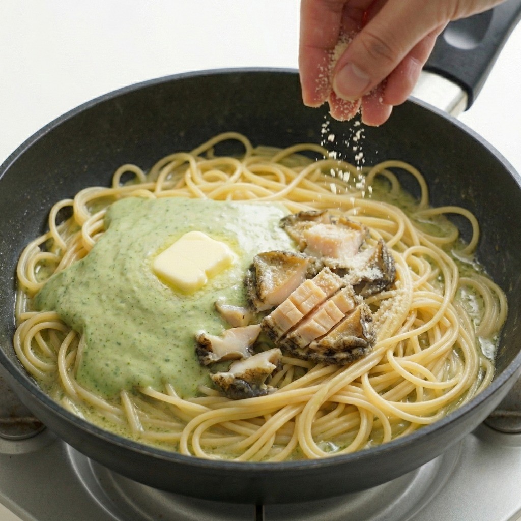 완성된 전복크림파스타에 파마산 치즈가루와 쪽파를 뿌려 마무리한 모습