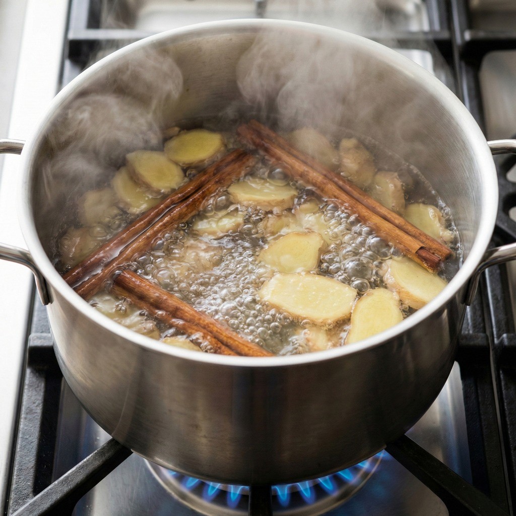 백종원 수정과 끓이는 법 - 큰 냄비에 물, 생강, 계피 넣고 가열