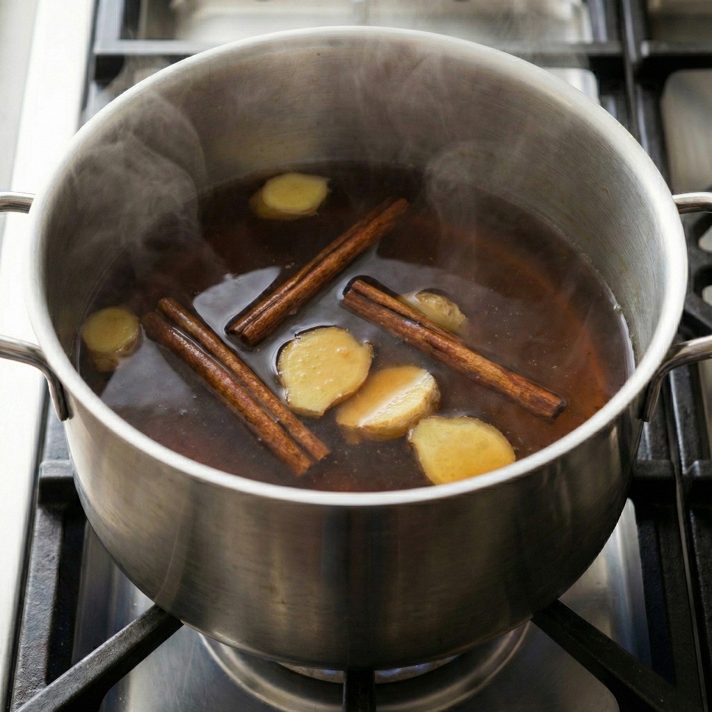 수정과 깊은 맛 내기 - 중약불에서 1시간 이상 뭉근하게 졸이는 모습