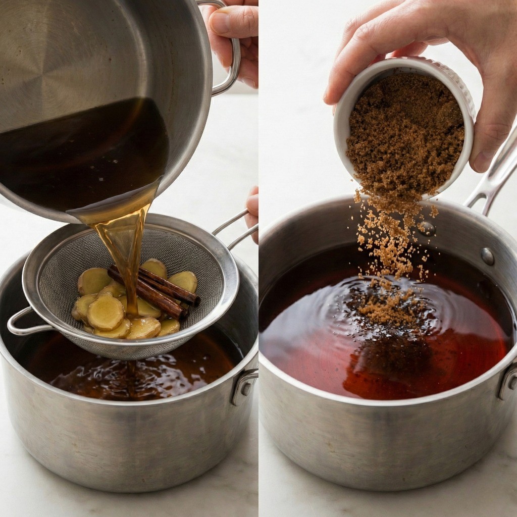 수정과 색깔 내기 - 건더기 건져내고 흑설탕 넣어 녹이기