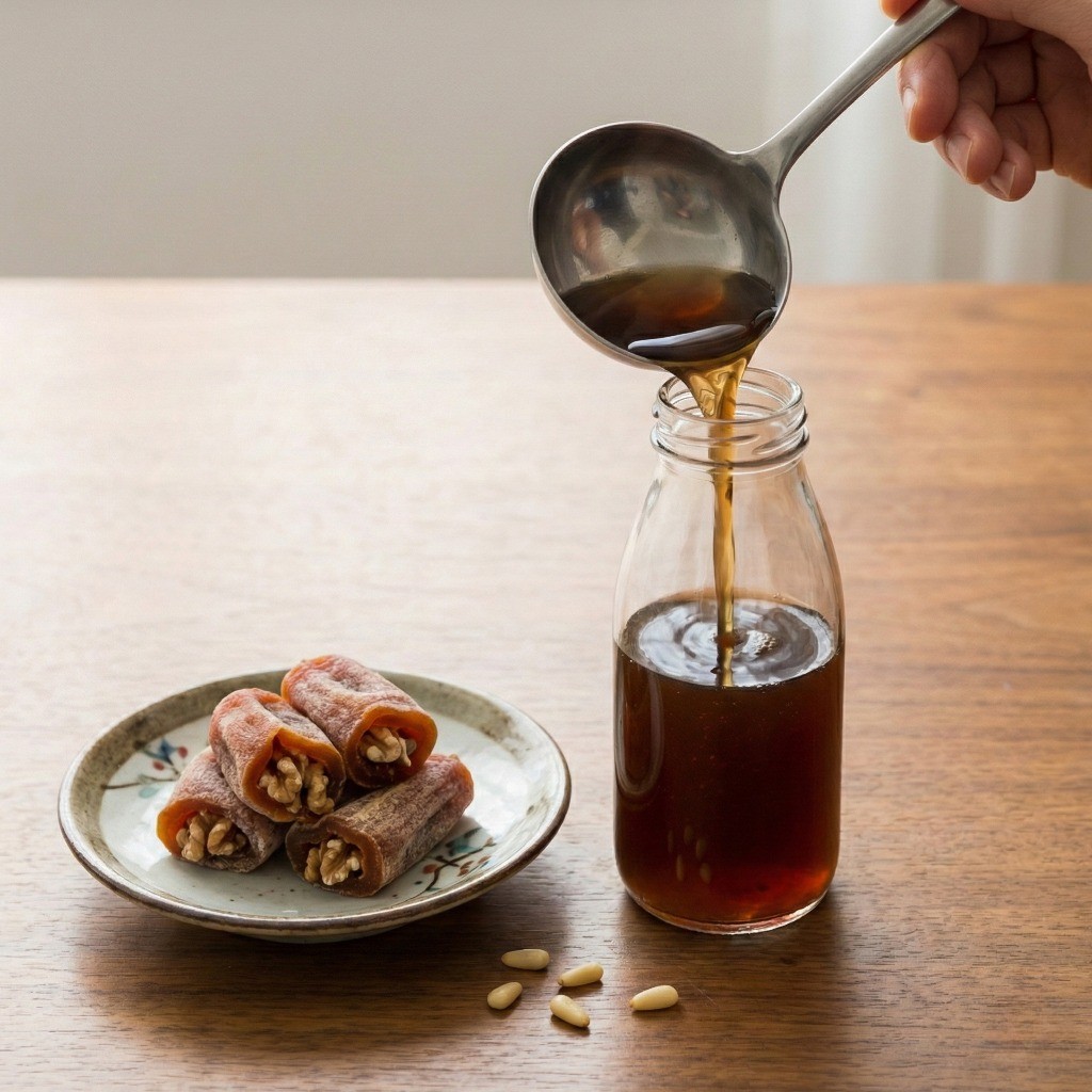 명절 음료 수정과 완성 - 차게 식힌 후 곶감과 잣 띄워 플레이팅