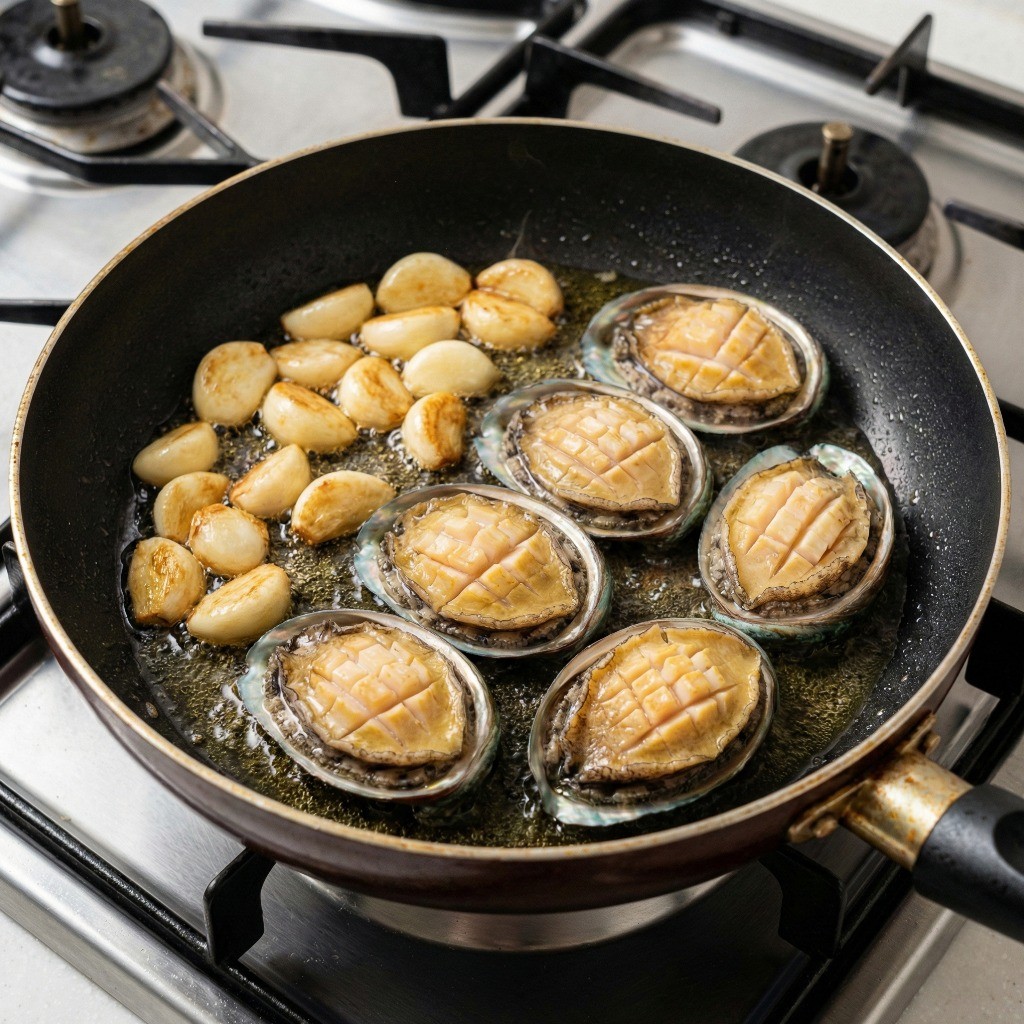 프라이팬에 통마늘을 볶아 향을 내고 칼집 낸 전복 굽는 과정