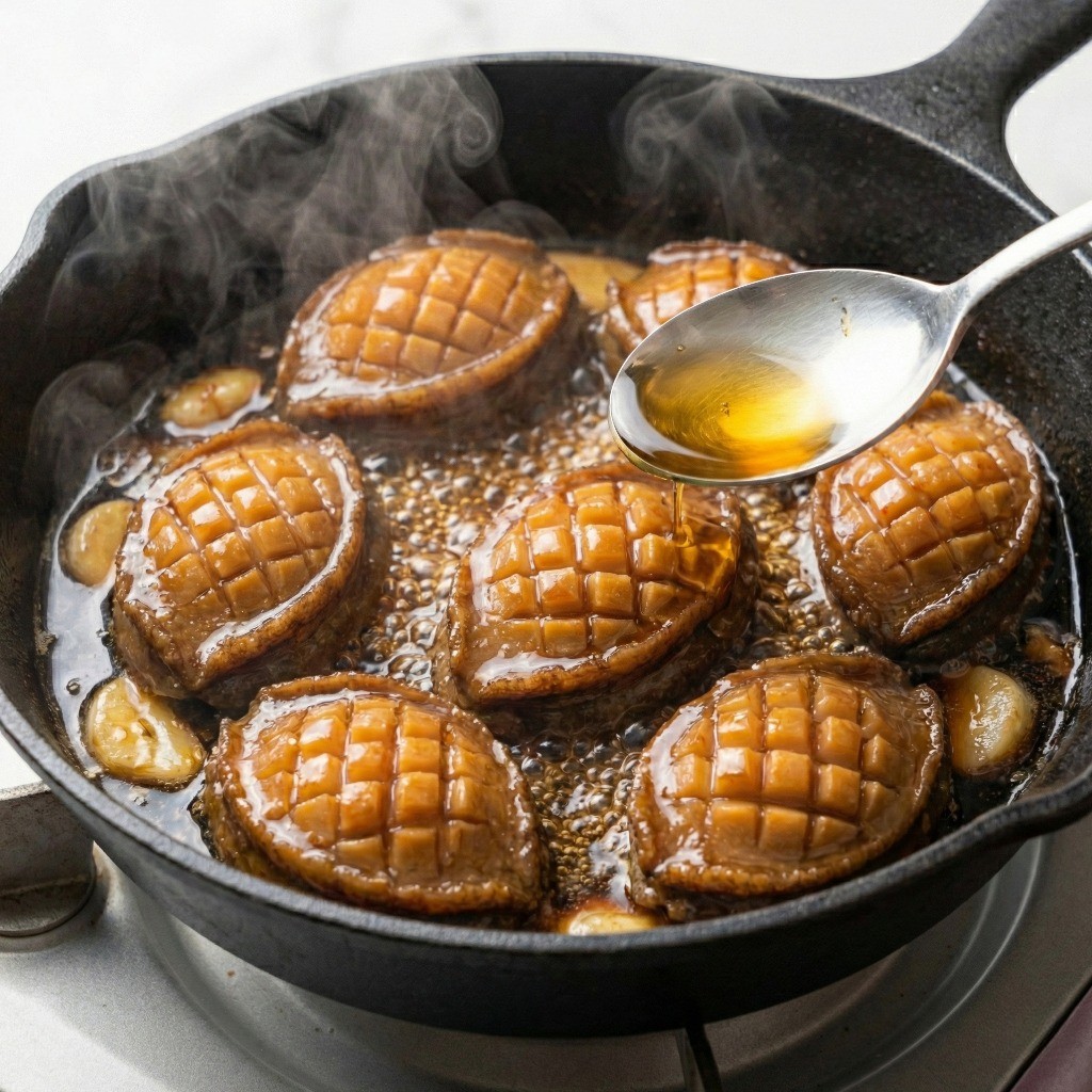 소스가 졸아든 전복구이에 참기름을 둘러 윤기와 풍미를 더하는 마무리 단계