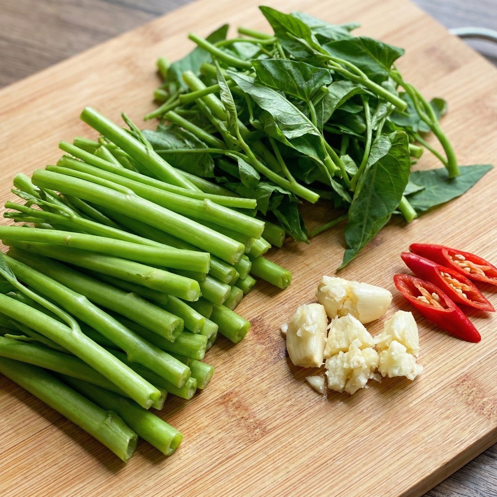 공심채 손질법, 줄기와 잎을 분리하여 먹기 좋게 자른 모닝글로리 재료 준비