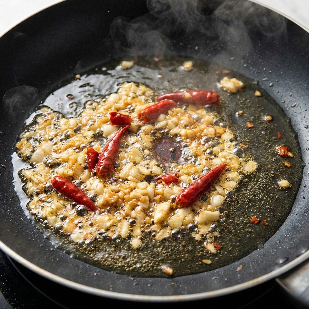 마늘기름 내기, 식용유에 마늘과 베트남 고추를 볶아 풍미를 더하는 과정