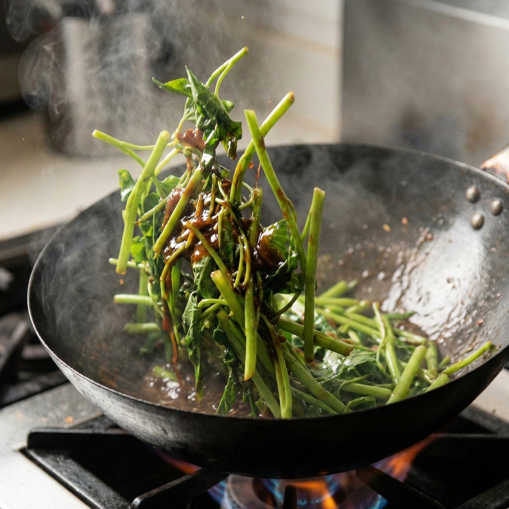 센 불에 공심채 볶기, 아삭한 식감을 살려 빠르게 볶아내는 조리 과정