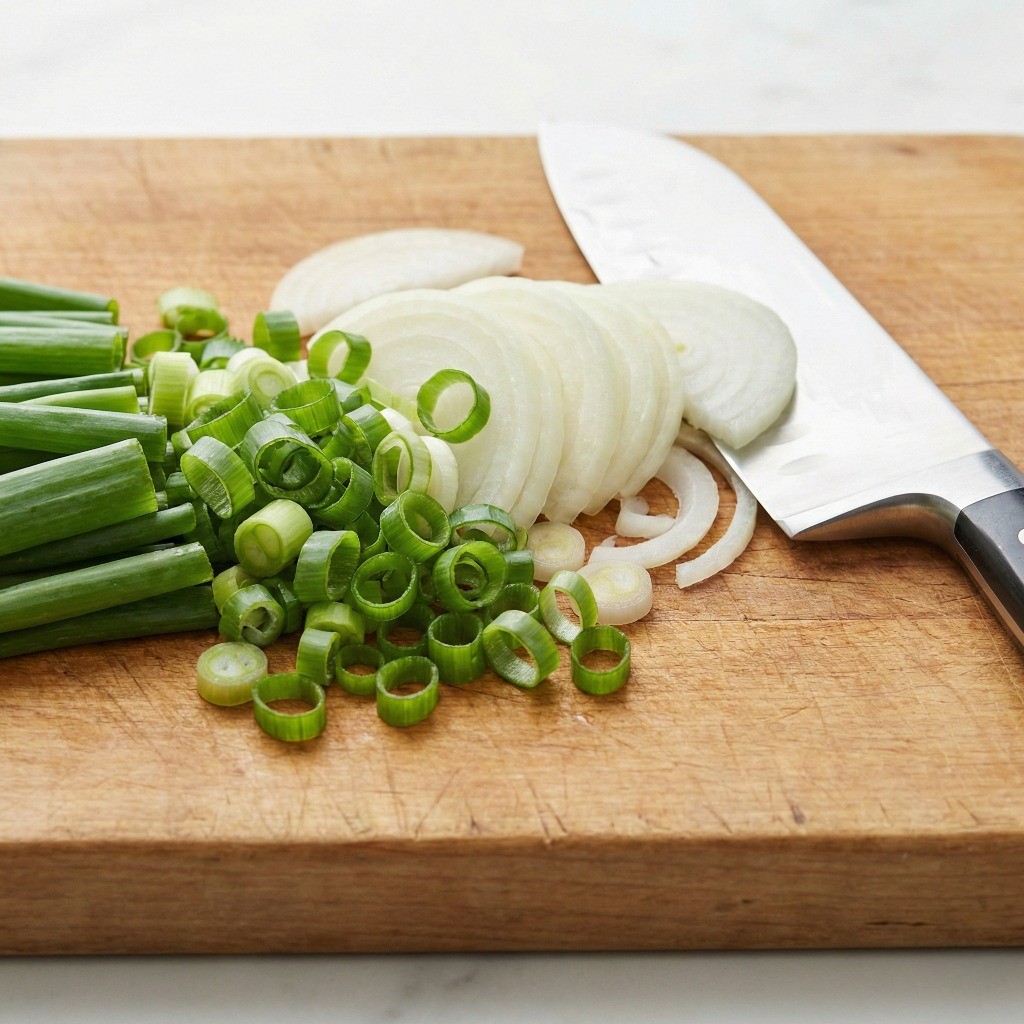 백종원 라면 레시피 재료 손질 - 대파 송송 썰기와 양파 채썰기