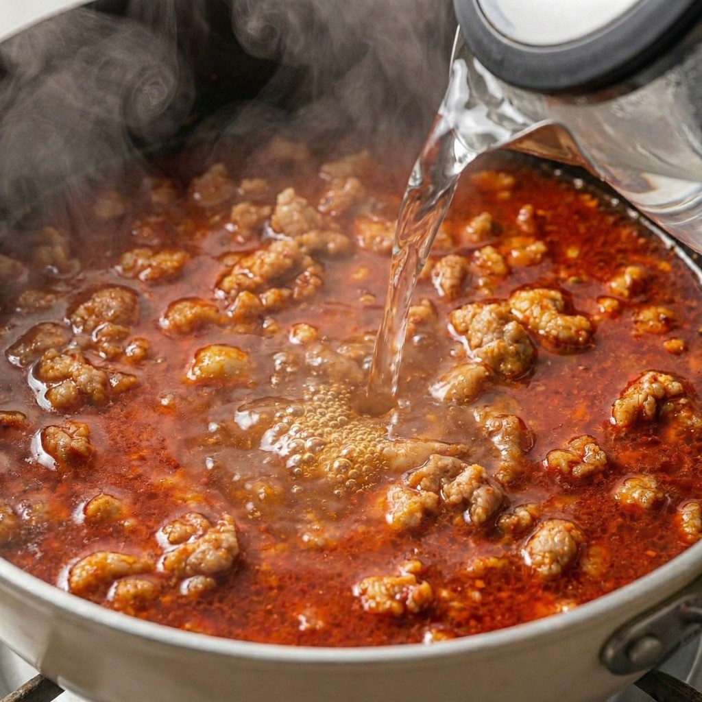 진한 고기 육수에 물 붓고 라면 끓이기