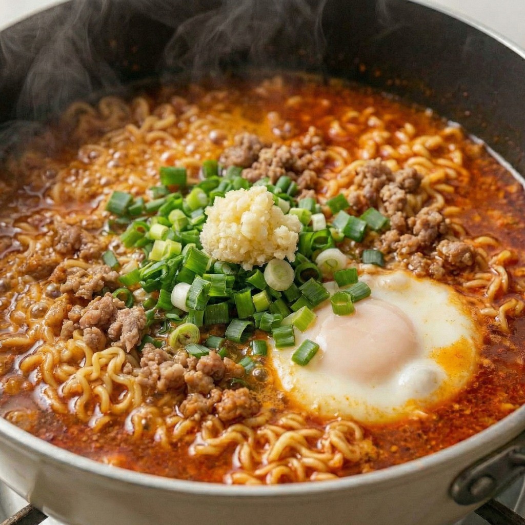 백종원 한돈 라면 완성 단계 - 다진 마늘과 대파 고명으로 풍미 더하기