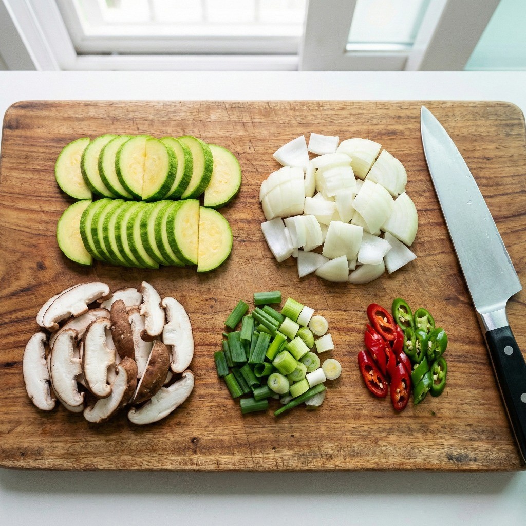 고추장찌개 재료 손질: 애호박, 양파, 표고버섯, 대파 썰기