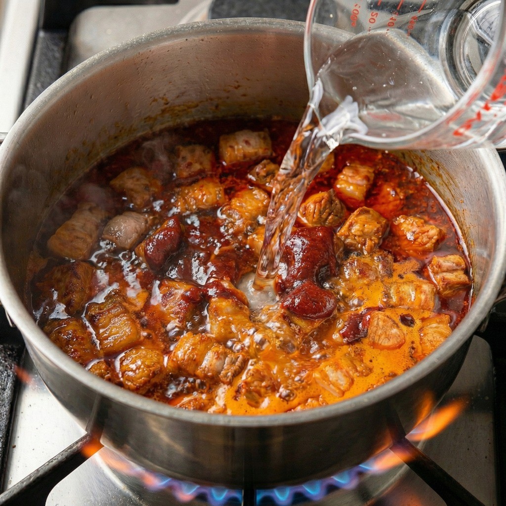 볶은 고추장 양념에 물 붓고 끓여 진한 찌개 국물 만들기