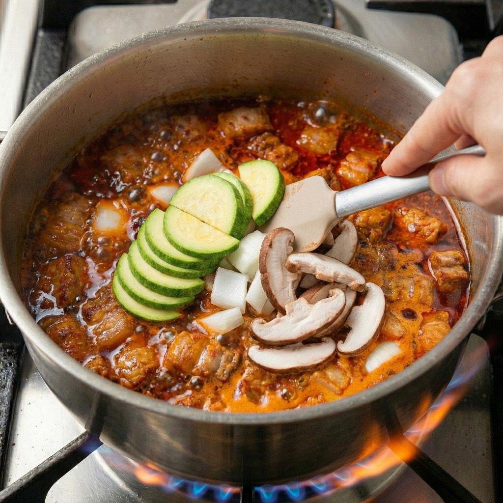 끓는 고추장찌개 국물에 애호박, 양파, 버섯 등 채소 넣기