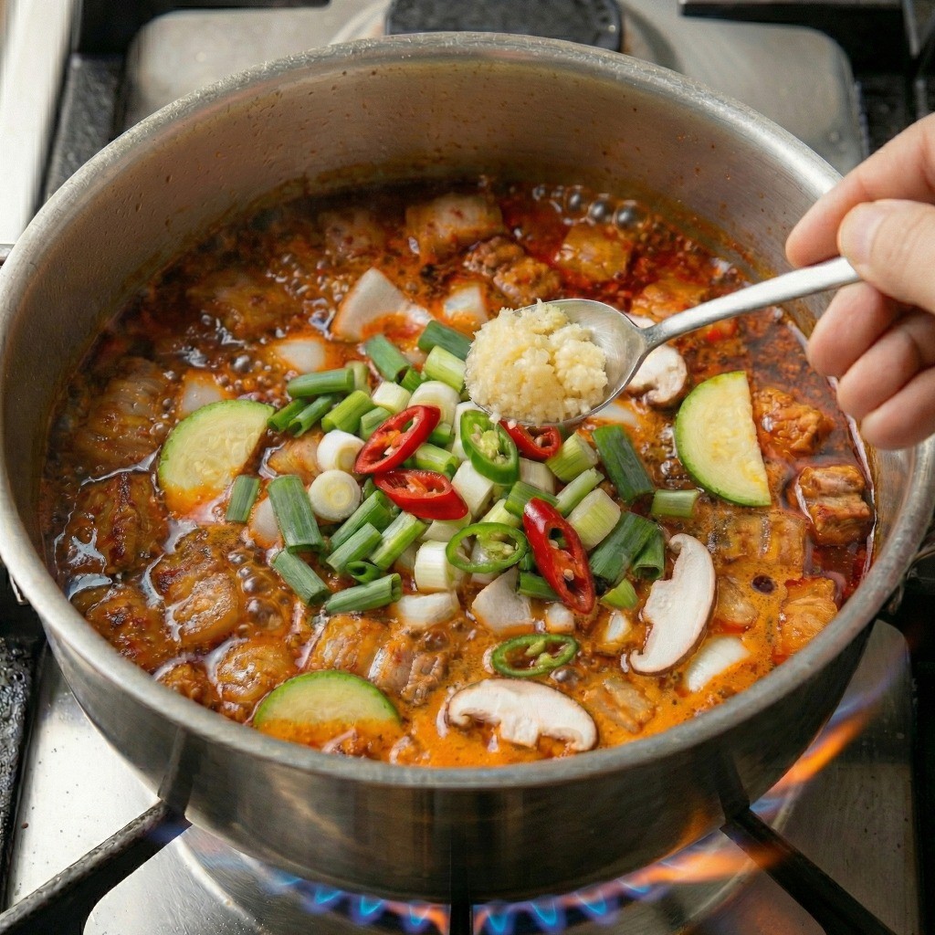 다진 마늘, 국간장으로 간 맞추고 대파와 고추 넣어 고추장찌개 완성