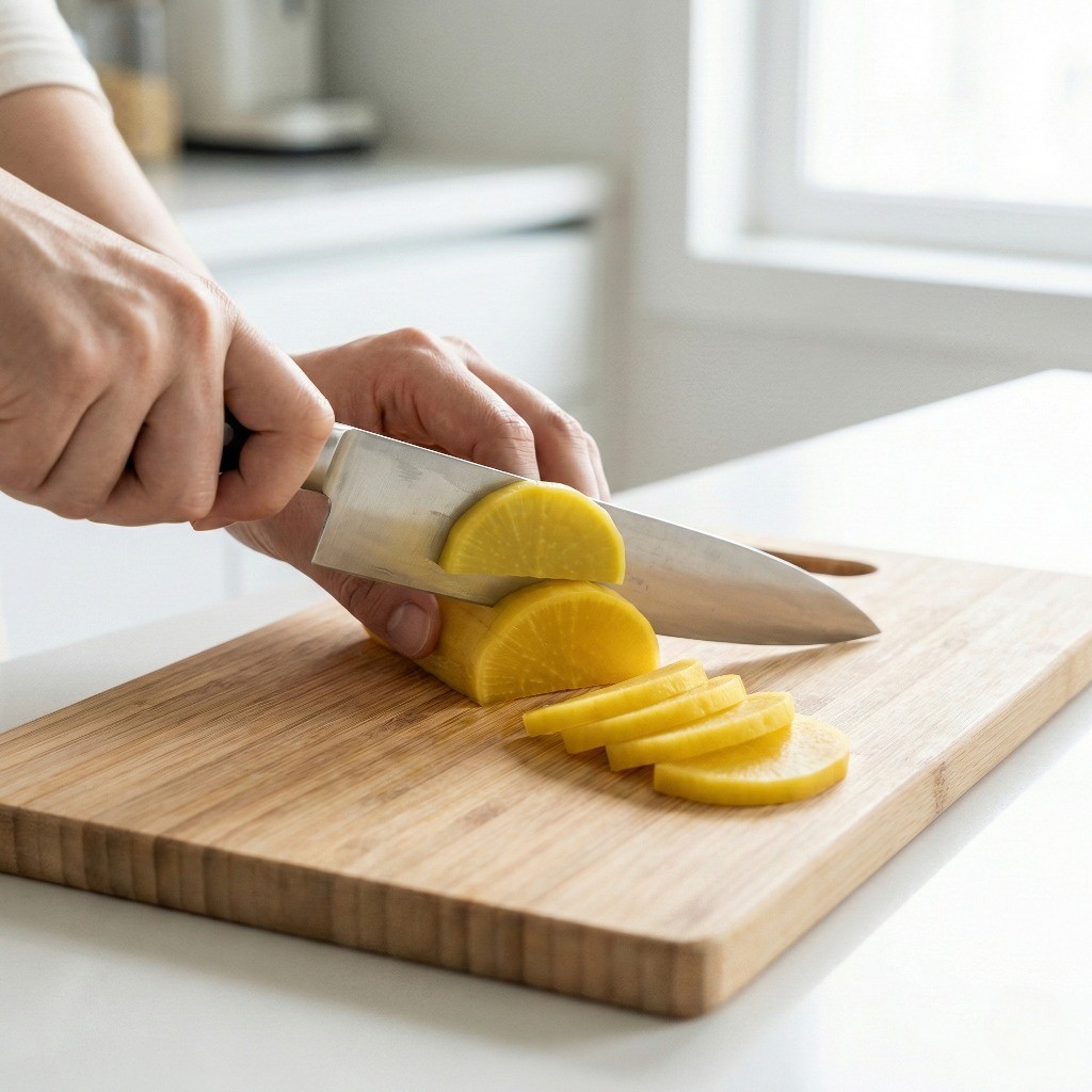 단무지 무침 재료 손질 - 통단무지 반달 썰기 및 남은 단무지 준비