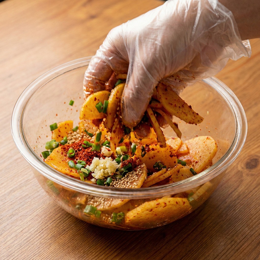 백종원 단무지 무침 조리 과정 - 양념이 잘 배도록 손으로 무치기